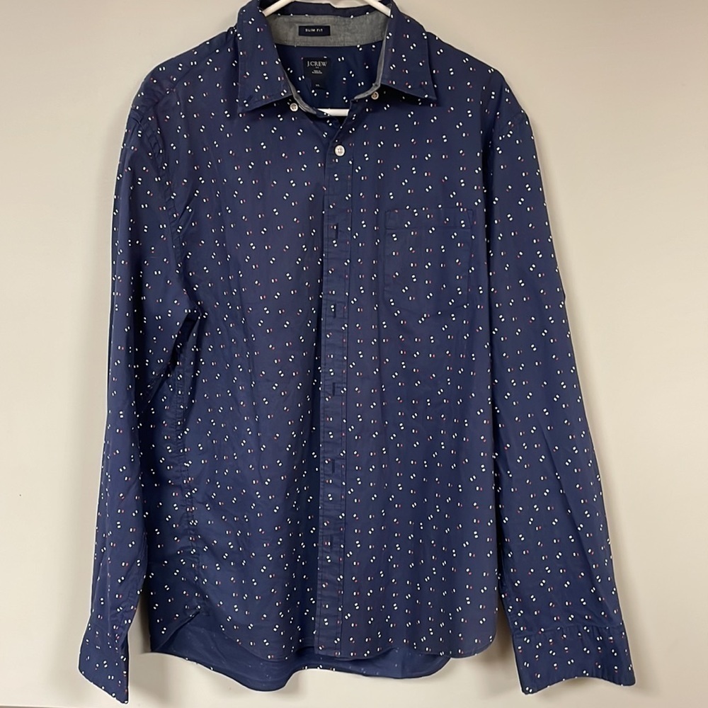 J.Crew Men's Slim Fit Button Down Shirt, XL, Navy with red & white design